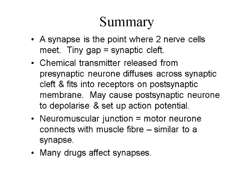 Summary A synapse is the point where 2 nerve cells meet.  Tiny gap